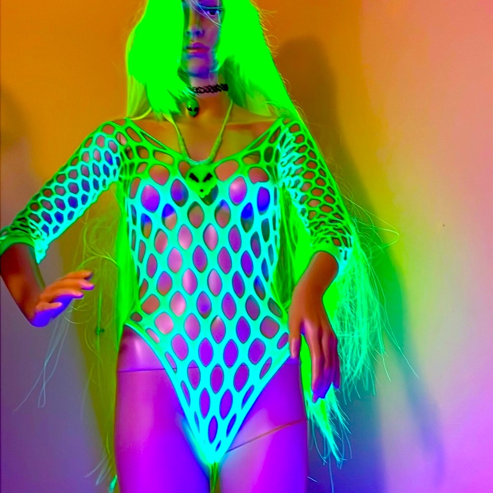 NWT Neon Green Body Suit with Thigh High Stockings.